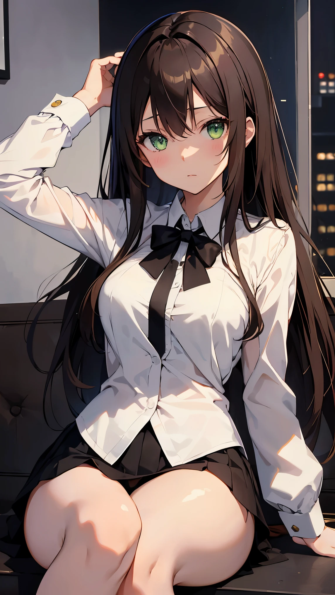 Shibuya rin, 1 girl, brunette, long hair, green eyes, dark shiny skin, White shirt, black tie, high detail, Luxurious view, bare legs, USA, brown hair