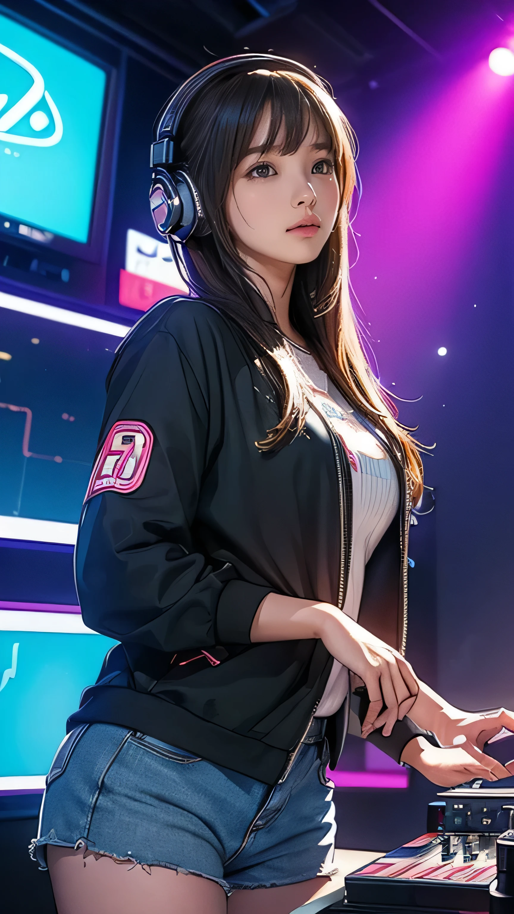 ((masterpiece,best quality;1.3,best illustration)),cowboy shot,1 woman wearing headphones,15 year old attractive beauty、female dj, hold a microphone and sing, neon light, recording studio
