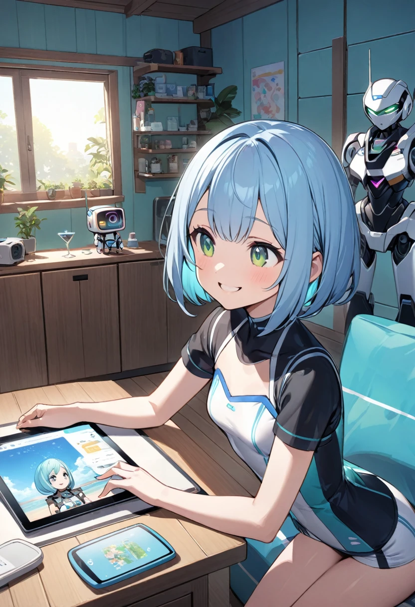Light blue hair、Short Bob、Deep green eyes、Small breasts、smiling,Cute summer outfity Room、she is Talking to a robot girl displayed on a tablet