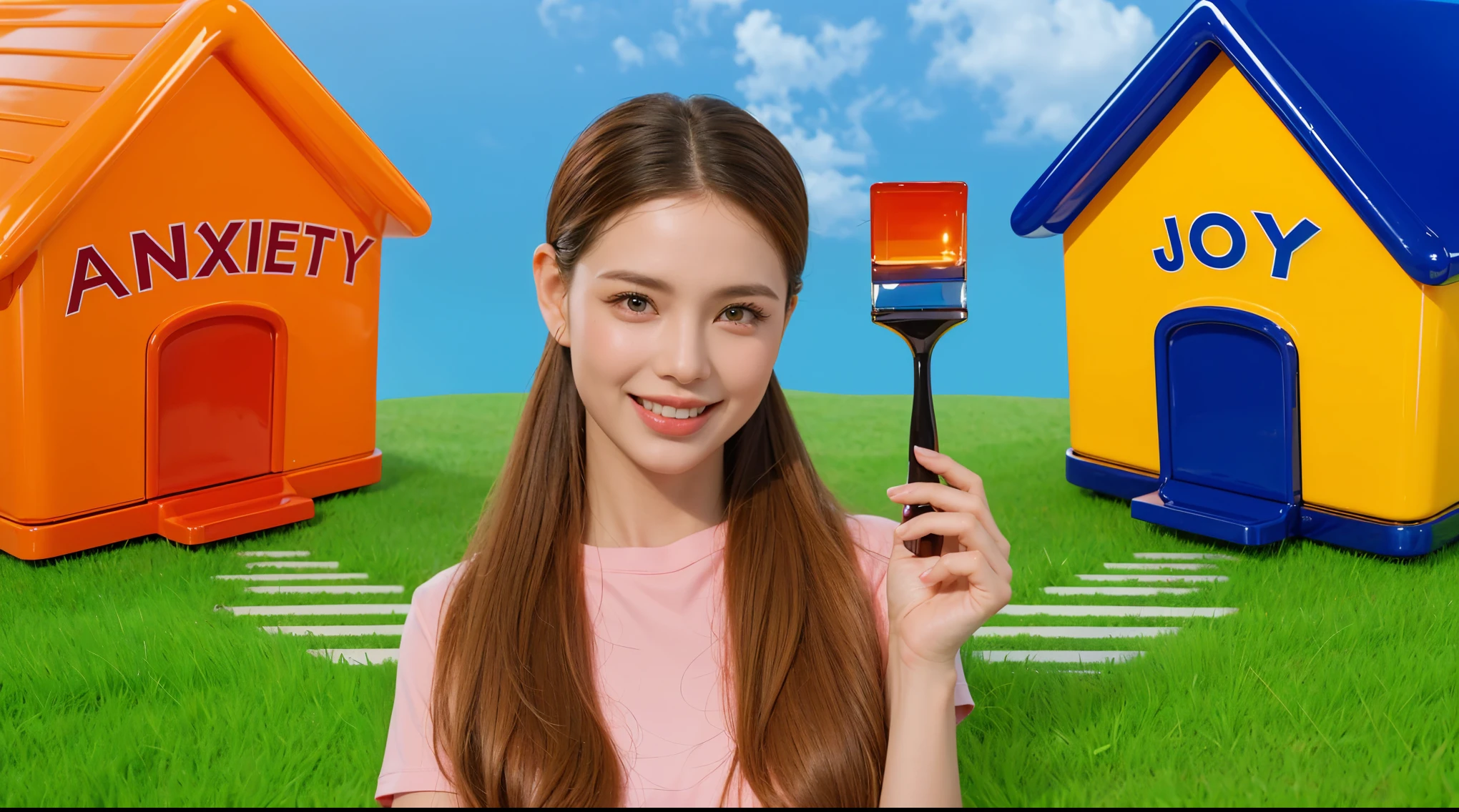 smooth beautiful grass like a carpet This image depicts glossy two toy-like houses situated on a grassy field under a clear blue sky. The house on the left is orange with red and yellow striped roof, featuring a simple, glossy square shape with sharp angles. It has a small, square window and a door, both framed in red. The house on the right is yellow with a vibrant blue roof. It also has a simple, square shape with distinct angles. The house has a blue-framed window and a door, complementing the glossy roof color. The glossy surfaces of both houses reflect light, giving them aglossy  polished and shiny appearance, which enhances their vibrant and playful look.мультяшный рендеринг ключевого кадра, милый 3D рендеринг,,Create ultra sharp glossy цветной рендеринг zbrush. perfect cgi, cgi art created only with gradients, smooth silhouette, Create ultra sharp skin, high intensity refraction, (plastic material), most beautiful vfx, blue background, plastic refractions, glossy texture, smooth 3d model, multiple light sources, rim light, sharp post effects render, (glossy plastic texture with multiple big light probe refractions), perfect cgi, cgi art created only with gradients, smooth silhouette, high intensity refraction, (plastic material), most beautiful vfx, blue background