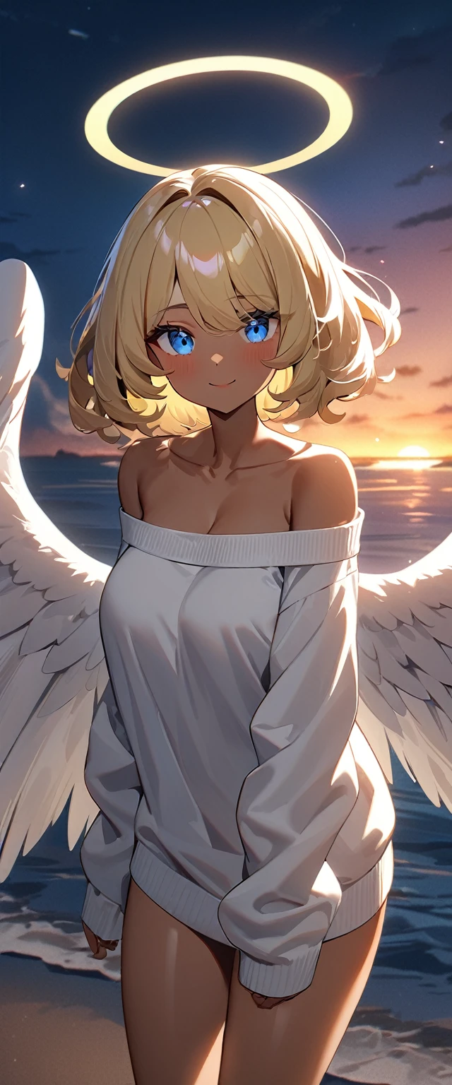 (((One girl))), ((tanned skin:1.2)), flying in the sky, ((angel, big big white wings:1.2, halo:1.3)), ((wavy hair)), evening, Sunset, sea, beach, ((blond hair, bob cut:1.3)), big breasts, teenager, (looking at viewer), oversized clothes, puffy long sleeves, collarbone, ((off-shoulder sweater dress:1.3, Quite thick shoulder straps)), (((sleeves past wrists:1.3))), ((white sweater)), collarbone, head tilt:1.3, (((blue eye))), ((happy smile)), (((anime style))), (best quality, 4K, 8K, highres, masterpiece:1.2, ultra-detailed, ultra-detailed eyes, HDR, uhd, studio lighting, ultra-fine painting, sharp focus, physically-based rendering, extreme detail description, professional, vivid colors, bokeh), ((Highest quality, Best image quality, Ultra-high resolution, Ultra-high resolution, solo, Strong eye highlights)), Depth of written boundary, Natural soft light, attractive, Beautiful Face, Cleanliness, Pure Face, medium chest, Beautiful Face, Perfect Fingers, Perfect hands, Perfect body, Perfect Face, Shine a light into your eyes, Perfect Anatomy