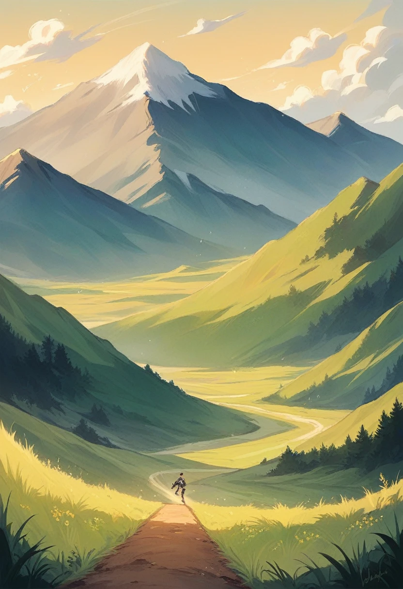 Boy running on grassy landscape with flowers, mountain, and clear sky