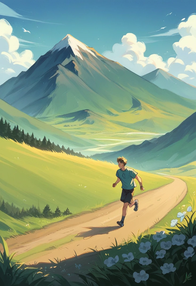 Boy running on grassy landscape with flowers, mountain, and clear sky