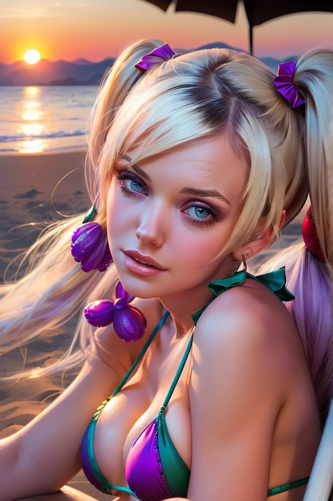 ((beste-Qualit)), ((tmasterpiece)), ((Realistic)), Ultra-detailed, young Anna Faris, (((Twin tails liliac Hairstyle!!!))), (("Gucci" fashion bikini)), hot beach, sunset, Perfect colorful gradient, Illustration Style: Ernst Fuchs, 8к