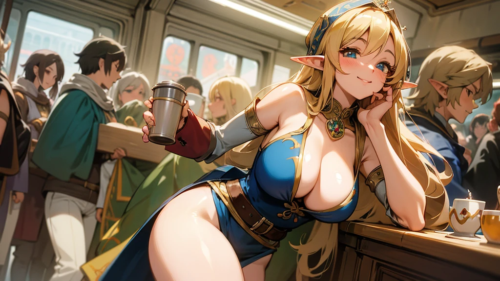 Anime Style,Nostalgic,Detailed background,The medieval world,A busy train with lots of people,Smiling bard beautiful elf girl holding coffee,Large Breasts,Healthy thighs,Underarm