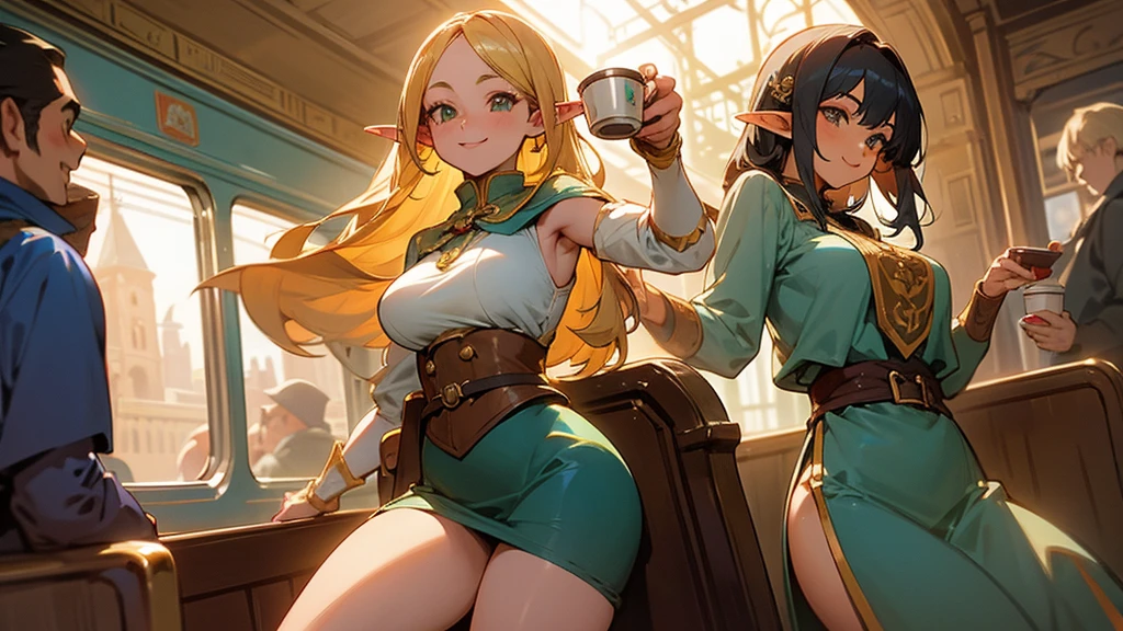 Anime Style,Nostalgic,Detailed background,The medieval world,A lively coffee shop with lots of people,Beautiful sky,Beautiful bard elf girl holding coffee,Big cleavage,Healthy thighs,Protruding buttocks