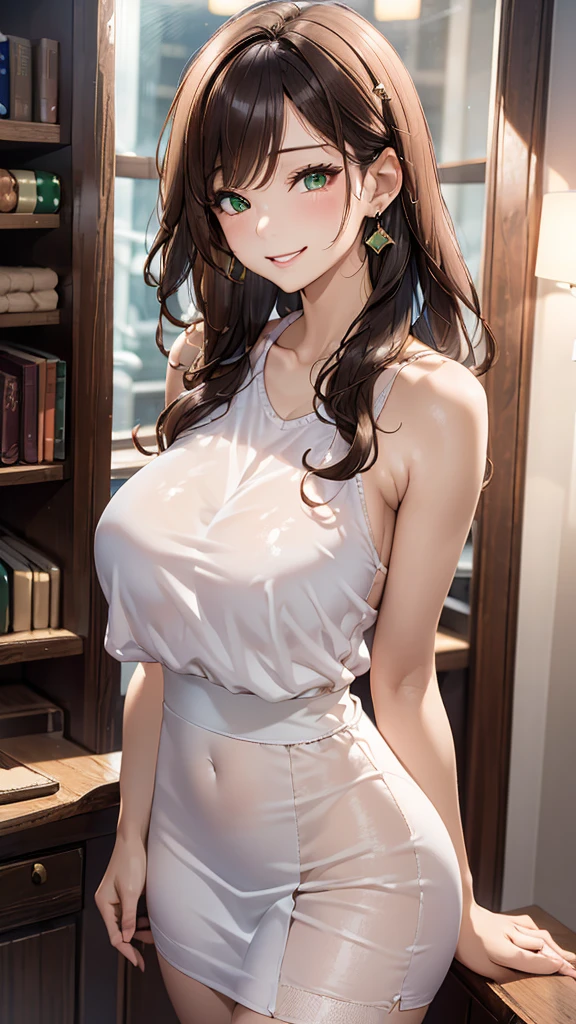 1 Female,HD,High resolution,Surreal,8K, Brown wavy hairstyle，girl,Asian,Sexy,Upper body close-up,Shooting from the front,Dynamic Angle,Private tutors,Y 卹,Somewhat transparent underwear，Huge Breasts，Wear earrings only on one side，Smile，Face red，green eyes