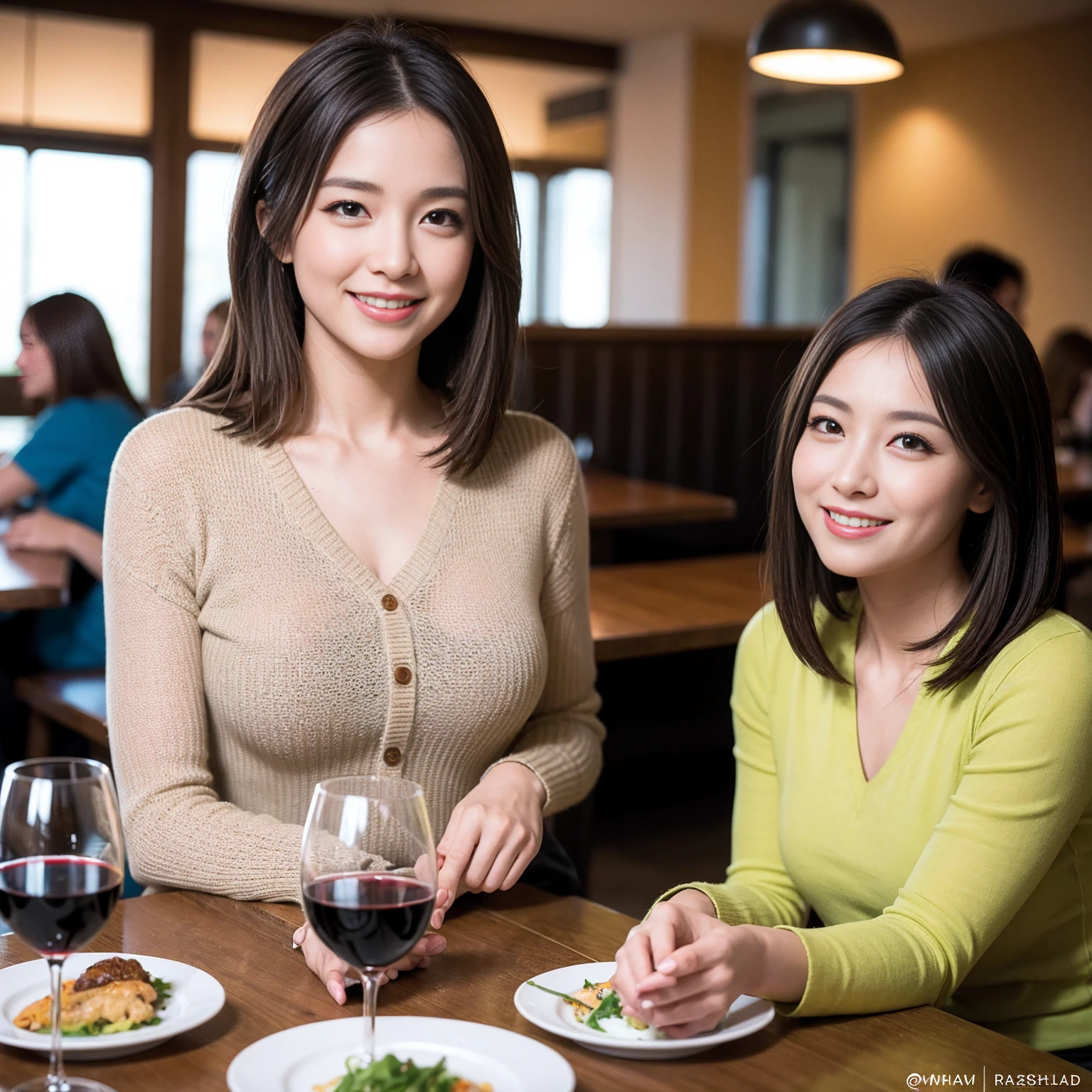((Highest quality、8K、masterpiece:1.3))、slimカップル、Pink Couple、modelカップル、(Realistic, Intricate details:1.2), full-course dinner、Wine Party、Amazing view of the sunset sky and clouds、A bright smile、The wonderfulness of smile、Bright image、Bright Face、 (Age 44), 39 years old, red wine 、Appetizers、Italian food、Wine bottle、Champagne、sparkling wine、Two beauties、Brown Hair、Shortcuts、Long sleeve shirt、dress、Beautiful woman 1, (slimな顔), (The body is slim), (Brown Hair), (Shortcuts), cheeks turn a little red,Attractive beauty、restaurant, In a prominent place (From the waist up) Nova Frog Style, actress, model, Upper Body, White wine, slim, wine glass, 中央に置かれたwine glass, smile, (smile: 1.15), Beautiful fine grain, Depth f/2,saturation, High Contrast, Strong light and shadow,Moist Body:1.5、3D texture、Delicate eyes、Brown Hair、The hair is very shiny、