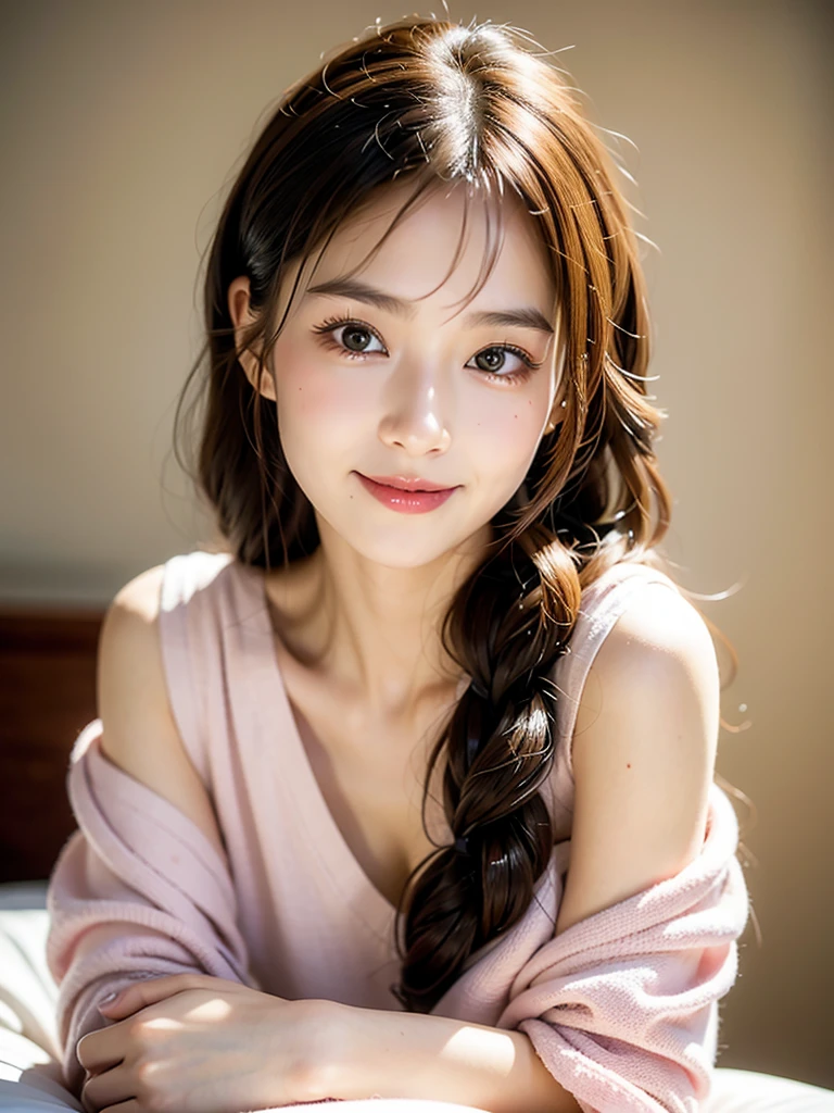 (masterpiece:1.3), (8K, realistic, RAW photos, Best image quality: 1.4), japanese high school girl、(random hairstyle:1.2)、have big breasts:1.2、breastfeeding 1.ts too big、round ass、complete appearance、very detailed face、eye for detail、double eyelid、Put your heart together、sharp focus:1.2、Beautiful woman:1.4、light brown hair、top quality、masterpiece、ultra high resolution、(realistic:1.4)、Highly detailed and professionally illuminated smile、Loose and light knitwear、hold out one&#39;shoulder、slim、serious expression、short and delicate hair、fatal position