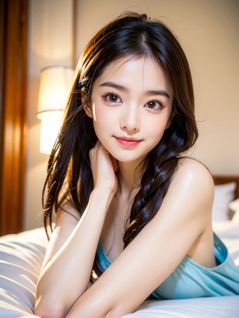 Highest quality，Face Focus，Soft Light，Ultra-high resolution，（Realism：1.4），original photo，1 Japanese girl，Alone，cute，There is a light in the eyes，Every detail is beautiful，High-resolution details of human skin texture，（Double ball hairstyle:1.2），indoor，on the bed，Luxury hotel bedroom，pajamas，portrait，Awkward，blush，Smile，Upper body