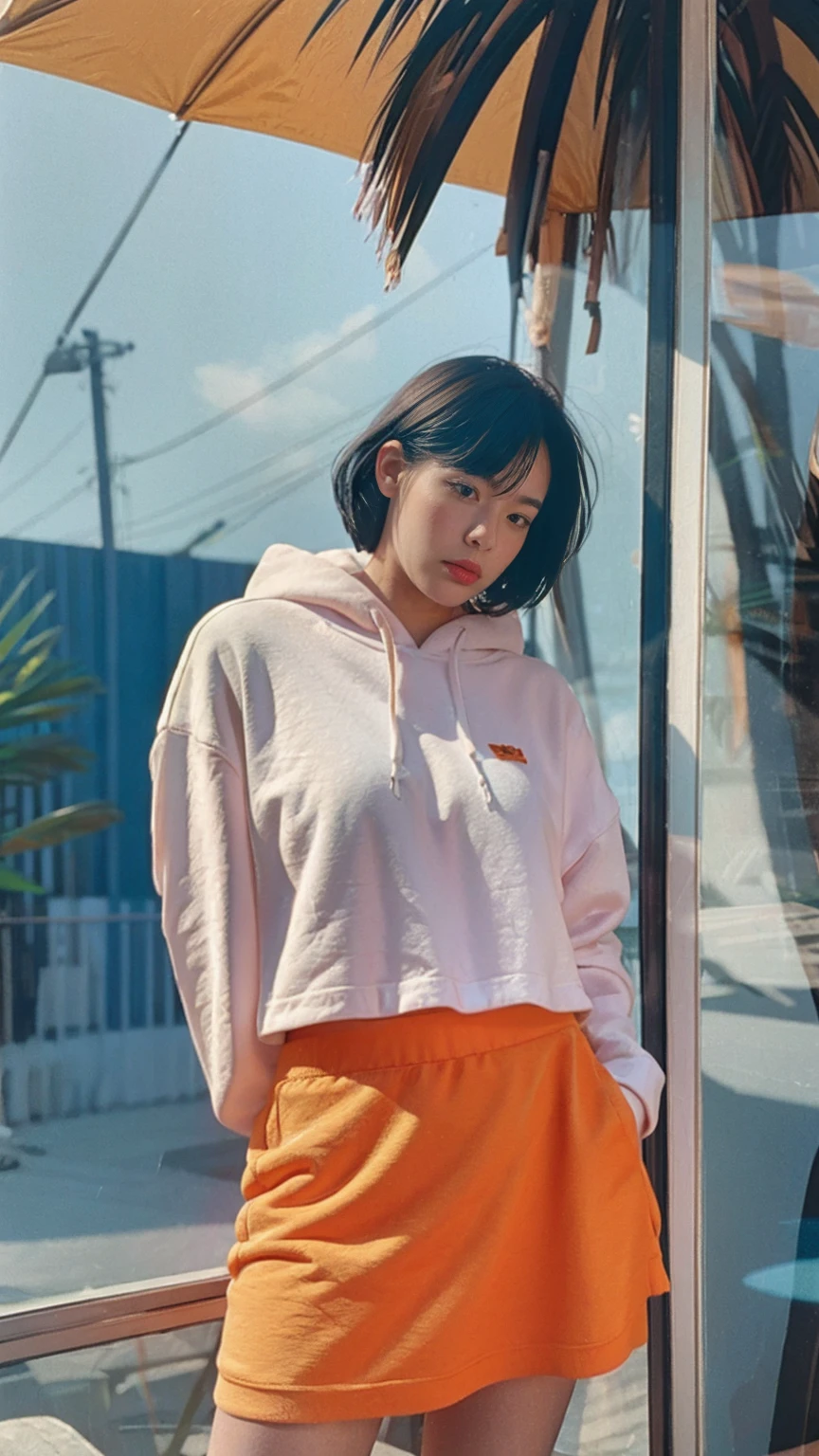 portrait of a 23 yo girl, (perfect natural ) ,wear ((color orange oversized hoodie)), wear ((purple tennis skirt)),looking front,Best Quality,Masterpiece,Ultra High Resolution,(Realisticity:1.4),Original Photo, 1Girl, light leak,ultra high resolution,UHD,beautiful, (black bob hair), almond eye, no makeup, in front of (80's mondrian architecture motel), (realistic:1.2), (surreal:1.3), (very detailed:1.1), ((masterpiece)),summer, blue sky, palm trees,sunny, los angles vibes,film camera, 800mm lens,style of Philip Lorca diCorcia