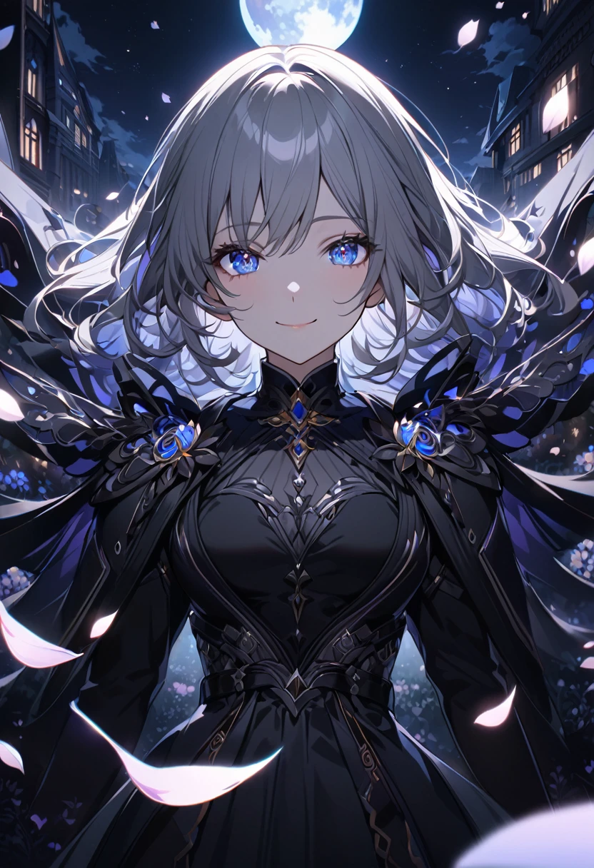 masterpiece, Highest quality, One girl, (colorful),(Beautifully detailed eyes and face),cinematic Lighting,Bust Shot,Highly detailed CG Unity 8k wallpaper,Gray Hair,alone,smile,Complex skirt,((Flying petals)),(Flowery meadow) null, cloudy_null, building, moonLight, moon, night, (Dark Theme:1.3), Light, Fantasy,