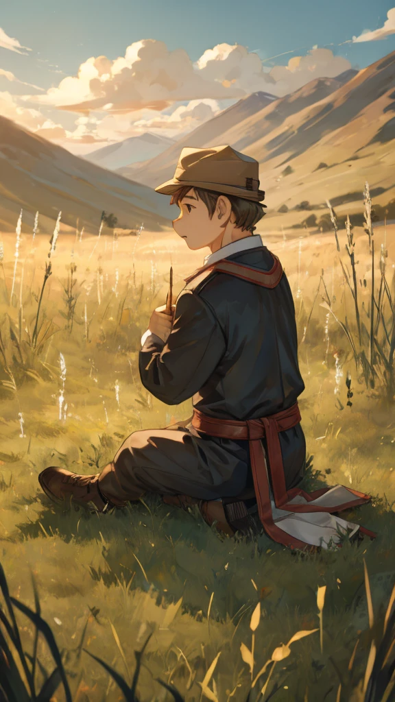 little boy sitting on green grass.Geese are grazing in the background