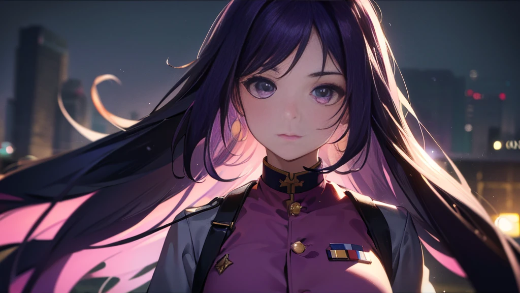 Best picture quality, 8K, high quality, masterpiece:1.2), ((masterpiece)), (great detail, high quality, best picture quality), bokeh, DOF, Portrait, open stance, purple hair long hair, in a black, round face, in a military uniform, standing in the military base with pink theme