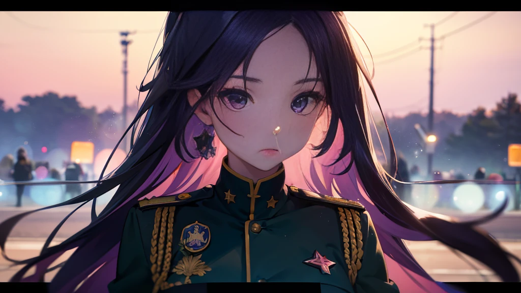 Best picture quality, 8K, high quality, masterpiece:1.2), ((masterpiece)), (great detail, high quality, best picture quality), bokeh, DOF, Portrait, open stance, purple hair long hair, in a black, round face, in a military uniform, standing in the military base with pink theme