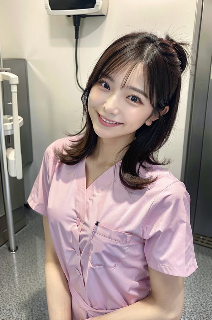 Dental hygienist woman smiling wearing pink medical scrubs　Pink, short sleeves, cute, Japanese, black hair, female, early 20s　high resolution　Highest quality 　Upper body close-up