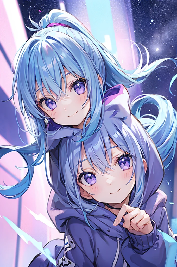Light blue hair、Purple Eyes、High ponytail、cute、smile、Shaggy hoodie