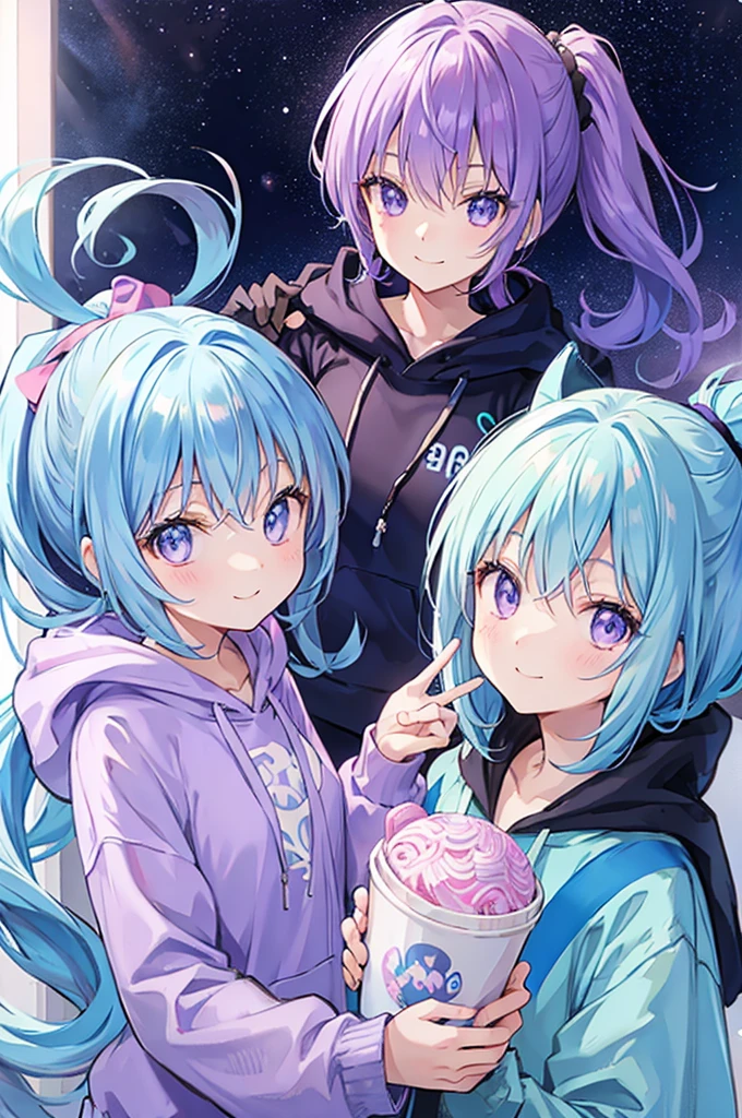 Light blue hair、Purple Eyes、High ponytail、cute、smile、Shaggy hoodie