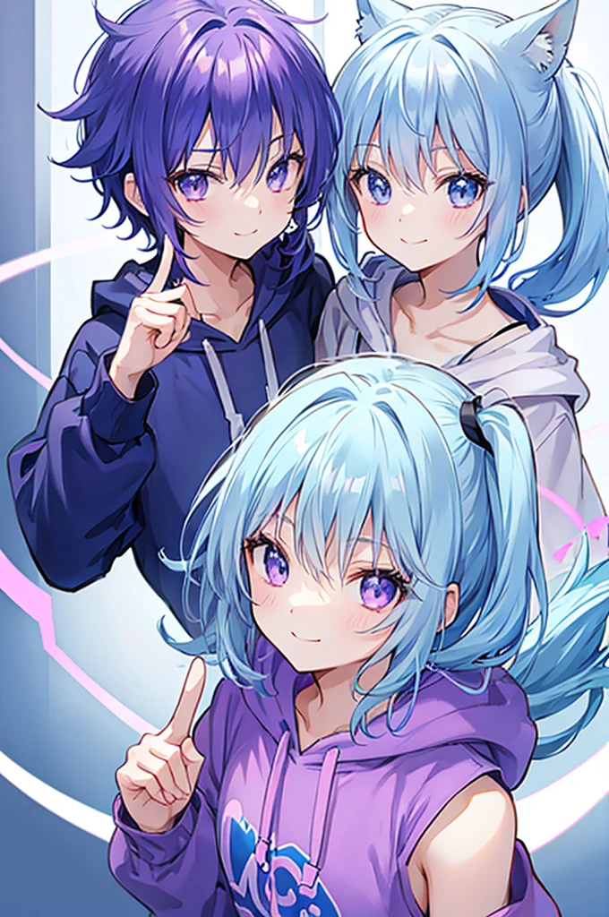 Light blue hair、Purple Eyes、High ponytail、cute、smile、Shaggy hoodie、White Skirt
