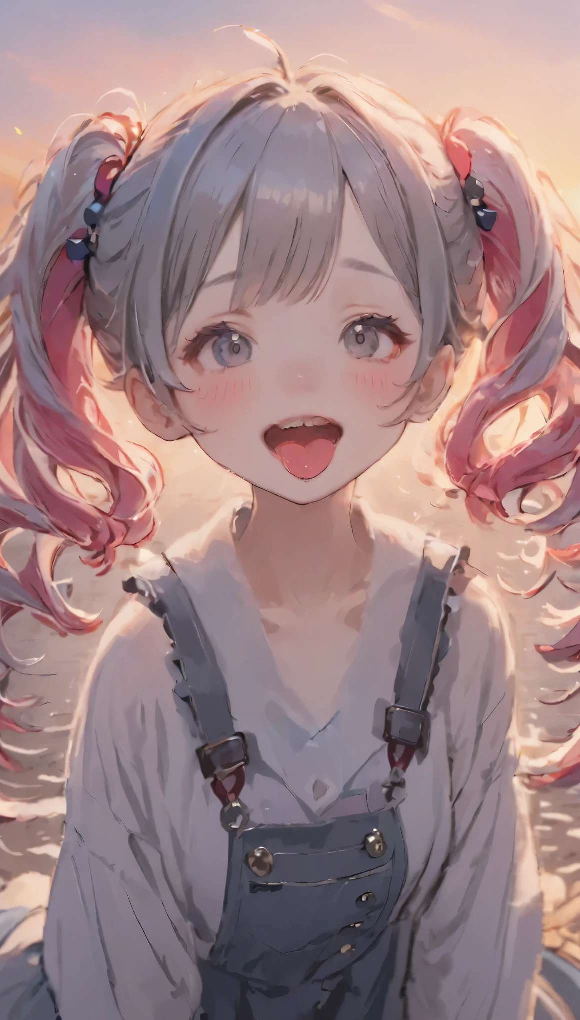 Highest quality、masterpiece、One Girl、16 years old、White skin、Wicked Smile:0.8、Open your mouth、(Sticking out tongue)、Pink Hair。Twin tails、Hair Clip、big hair clip、Cute Hair Clips、Gray eyes、Little red cheeks and nose、BREAK、Happy, Warm and soft lighting, sunset, (spark:0.7)