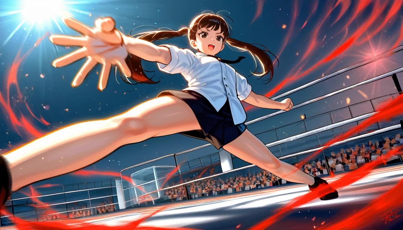 1girl, twintail girl, fighting, high kick, anime style, perfect face, long eyelashes, cinematic angle, cinematic lighting, cinematic shadows, dynamic pose, (best quality,8k,highres,:1.2),ultra-detailed,vivid colors,HDR,UHD,studio lighting,ultra-fine painting,sharp focus,physically-based rendering,extreme detail description,professional