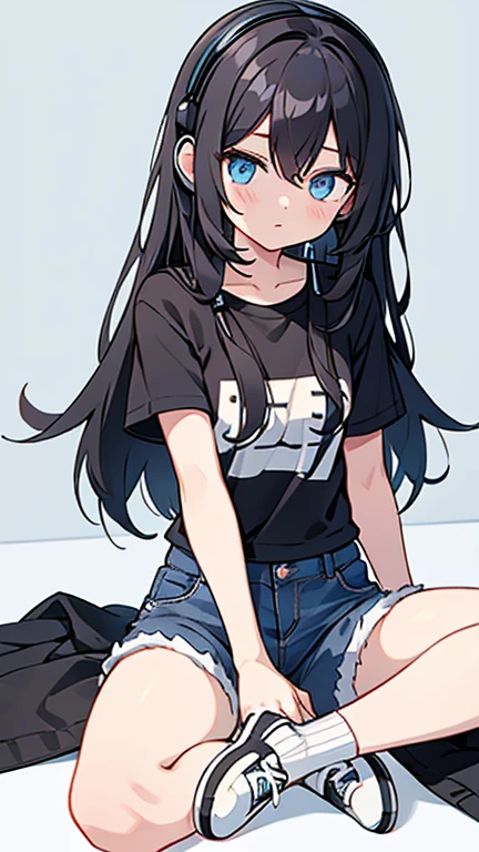 one girl,black long hair,blue eyes,Black short-sleeved tee,jean shorts,white socks,White sneakers,wearing a white headset around his neck