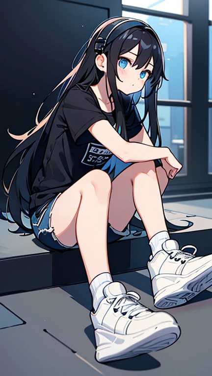 one girl,black long hair,blue eyes,Black short-sleeved tee,jean shorts,white socks,White sneakers,wearing a white headset around his neck