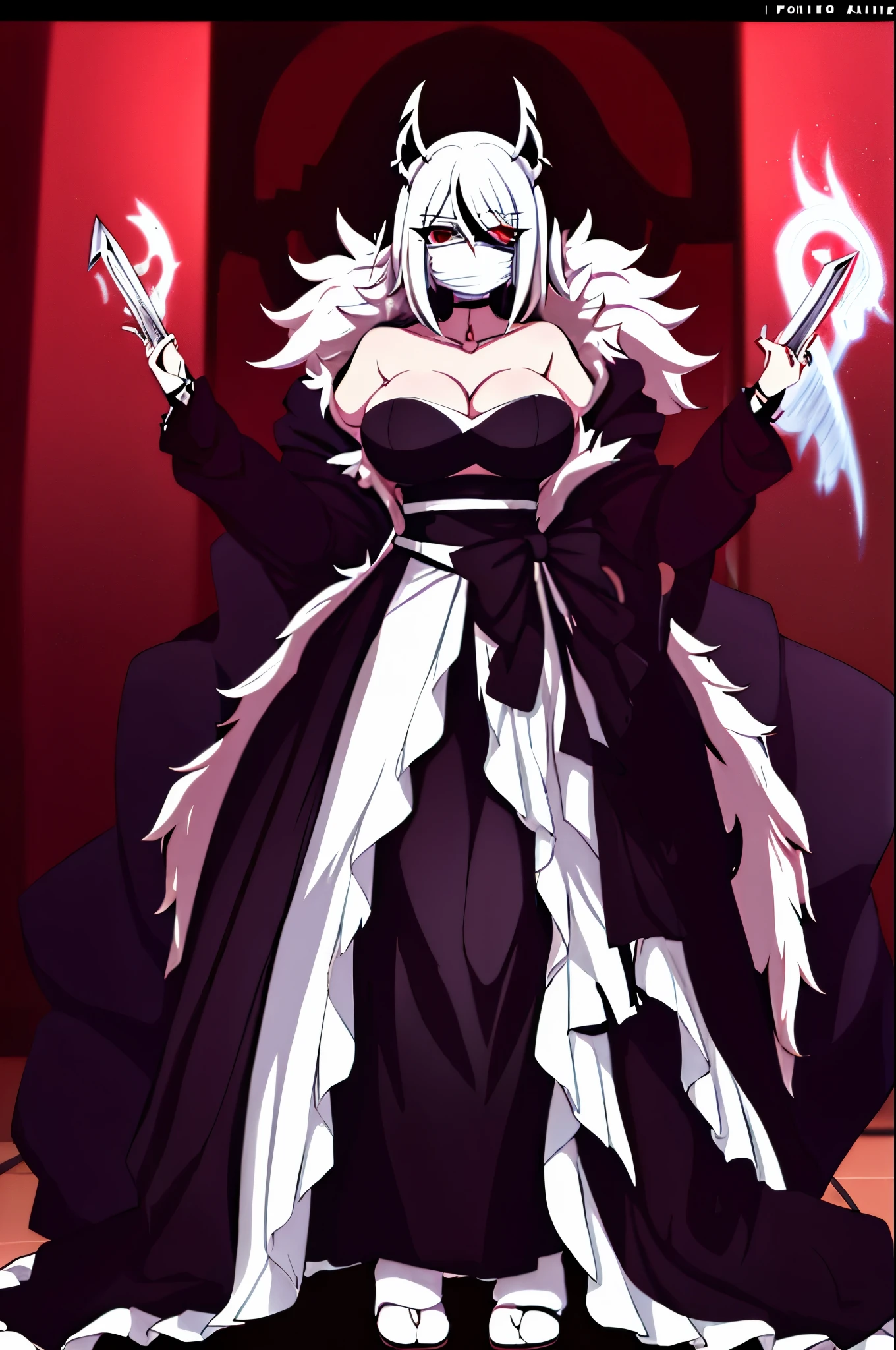 anime girl, bleach anime, soul reaper, sword, zanpakuto, vastolorde mask, fractured mask, hot, sexy, cute, black eyes, tall, full body, masterpiece, looking at the viewer, black fur on shoulders, coat, hollow shinigami,