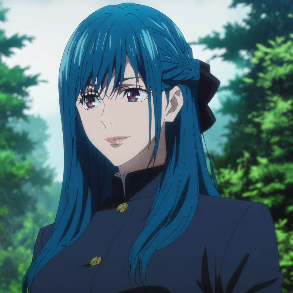 1girl, anime screencap from jujutsu kaisen, solo, very long_hair, ((smooth texture hair)) purple eyes, ((long hair, blue hair, french braid, blue_eye)), breasts, upper_body, smile, forest background, red_eyes, lips, ((long blue hair, elegant hairstyle, french braid ,blue_eye)) wearing black color clothes, breast, "very detailed and high resolution" (blue eyes) ((cross arms))  ((smooth texture hair)) ((solo)) ((high resolution)) (Good quality) 