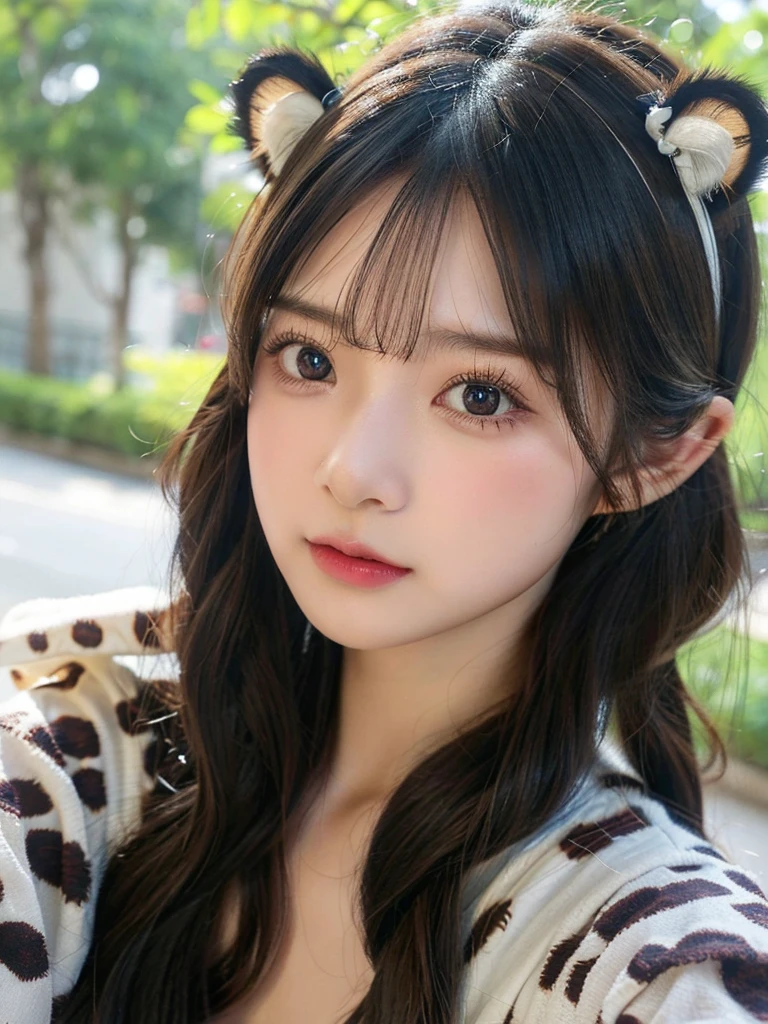 (8K、high resolution、High resolution、Fine details)Beautiful eyelashes、High resolutionの顔、Zoom out、18 years old、 Beautiful detailed eyes、Random cute hairstyles、C cup breasts、Leopard print clothes、Leopard ear headband