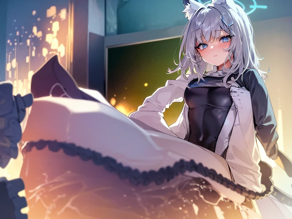 (Highest quality), (High resolution), (masterpiece), (Very detailed), Wolf Ear, Silver Hair, Long Hair, Bright Blue Eyes, One Girl, Silky skin, Shiny skin, Athletic build, blush, Heavy breathing, chest, (Swimwear), Front view, (Bright saturation), Sexual pose, Dripping love juice, Heart pupil, Trembling with sexual climax, Heavy breathing