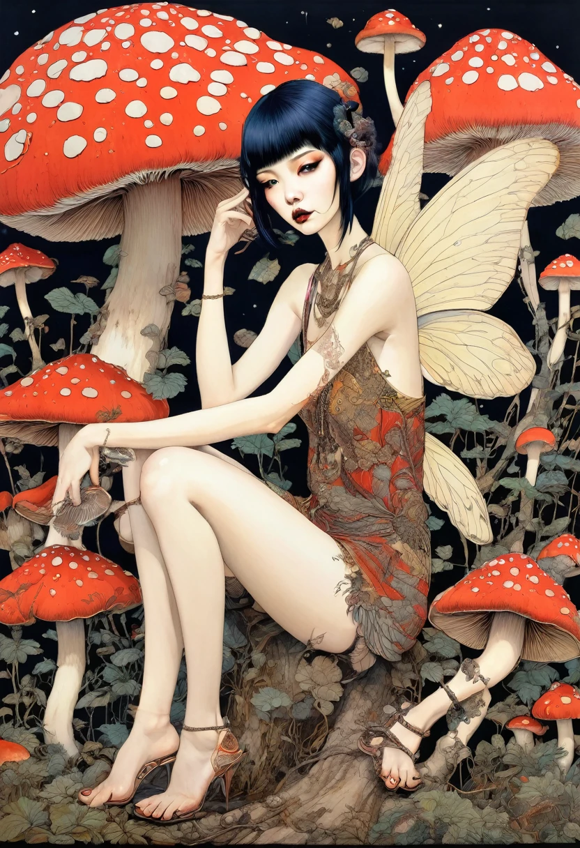 horror painting , in the style of  takato yamamoto, style of Ravi Zupa, super cute pixie,sitting on a mushroom [ hyperdetailed trippy mushroom], [hyperdetailed and hyperrealistic], fantasy real,[breath taking place], dressed in nomad clothing,clever and stylish ,pixie's wings