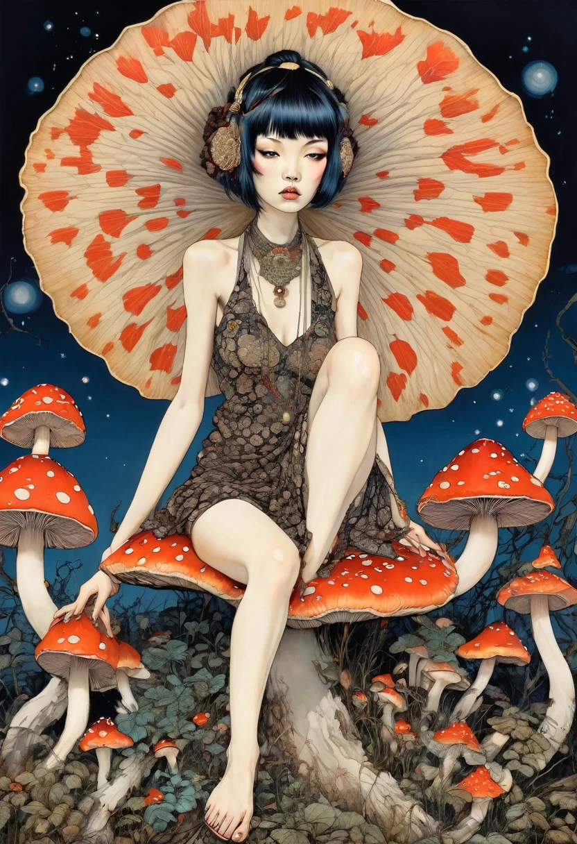 horror painting , in the style of  takato yamamoto, style of Ravi Zupa, super cute pixie,sitting on a mushroom [ hyperdetailed trippy mushroom], [hyperdetailed and hyperrealistic], fantasy real,[breath taking place], dressed in nomad clothing,clever and stylish ,pixie's wings