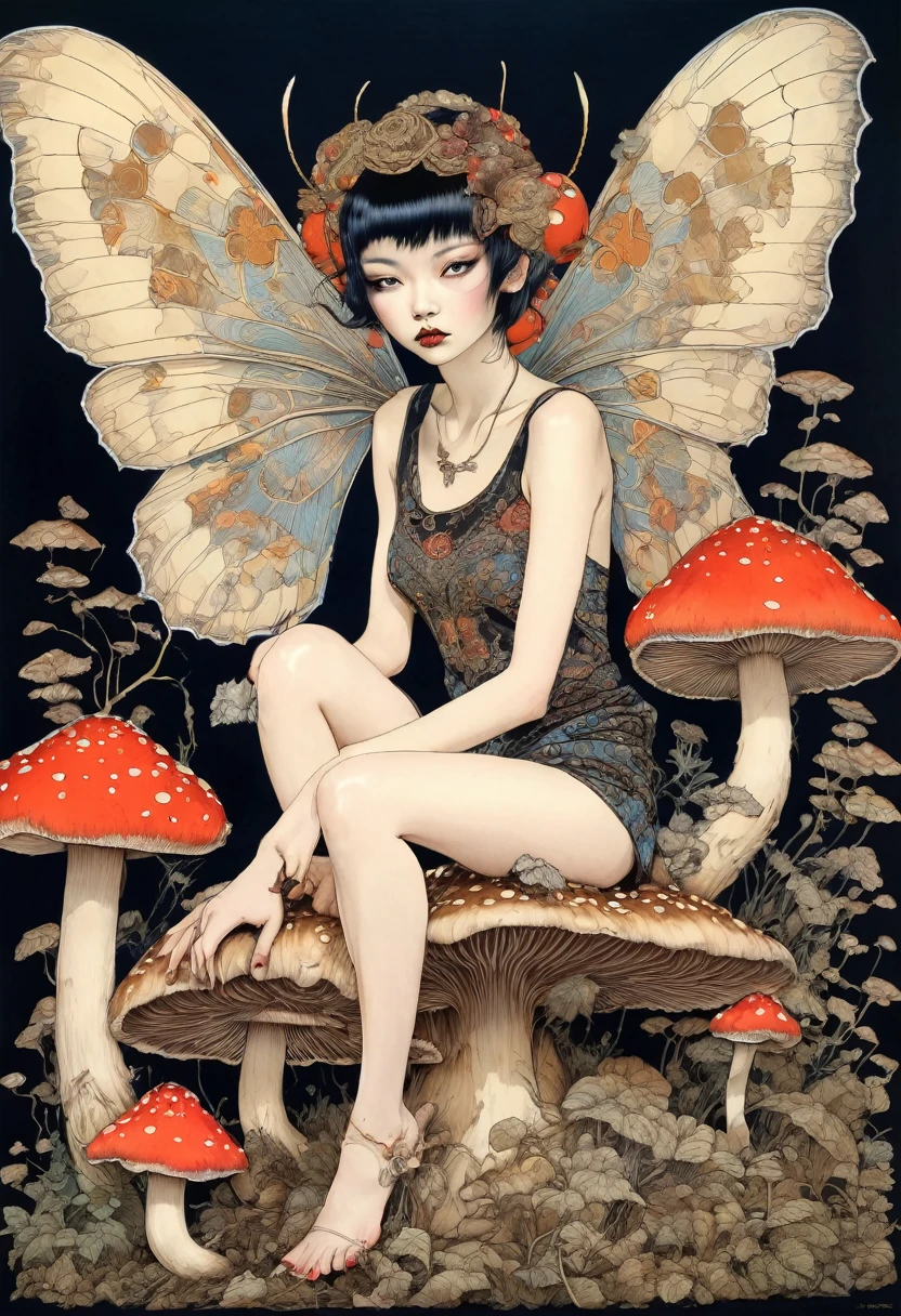 horror painting , in the style of  takato yamamoto, style of Ravi Zupa, super cute pixie,sitting on a mushroom [ hyperdetailed trippy mushroom], [hyperdetailed and hyperrealistic], fantasy real,[breath taking place], dressed in nomad clothing,clever and stylish ,pixie's wings