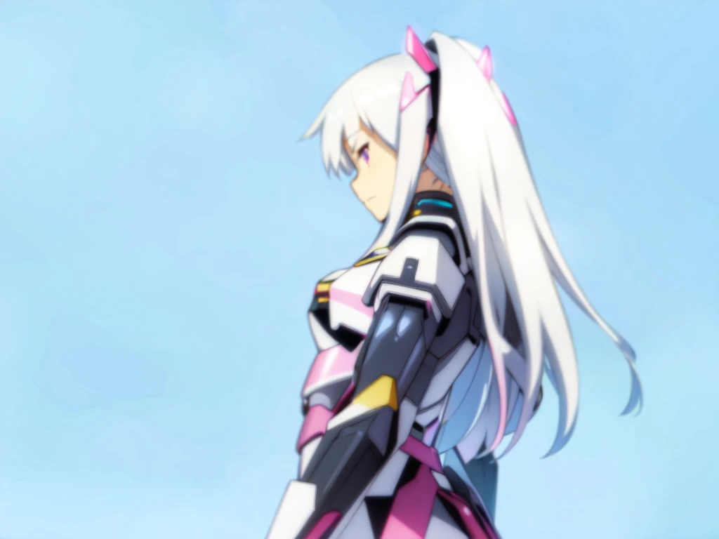 1girl, mecha musume, pink and black armor, light armor, standing, gray hair, blue sky, pink eyes, long hair,
