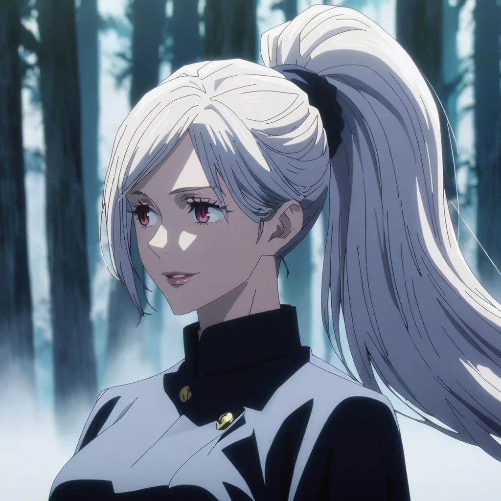 1girl, anime screencap from jujutsu kaisen, solo, very long_hair, ((smooth texture hair)) purple eyes, ((long hair, white hair, hair ponytail , red_eye)), breasts, upper_body, smile, forest background, red_eyes, lips, ((long white hair, elegant hairstyle, hair ponytail ,red_eye)) wearing black color clothes, breast, "very detailed and high resolution" (red eyes) ((cross arms))  ((smooth texture hair)) ((solo)) ((high resolution)) (Good quality) 