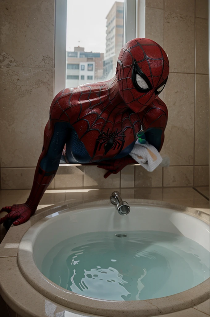 Spiderman is watching a woman bathe