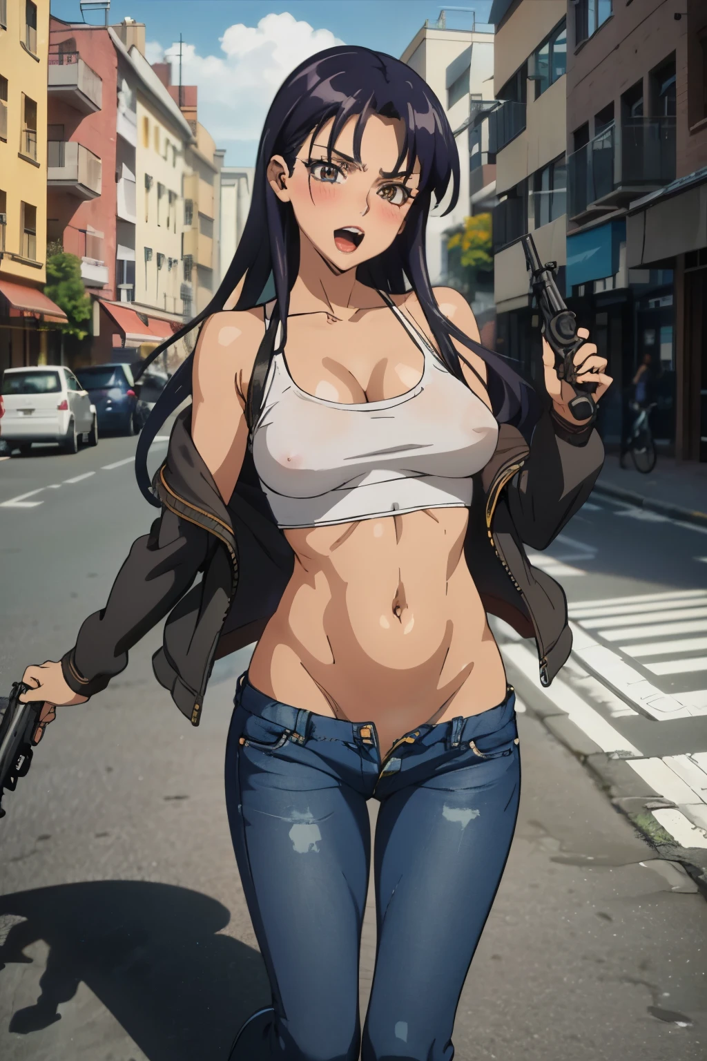 1girl, olnarberal, long hair,  blush, lipstick, jacket, masterpiece,high quality,4k, bare shoulder,belly,crop top,outdoor,cleavage,jeans,casual
dress,street,road,smile, open mouth, (nsfw) not safe for work, holding a gun,handgun, evil expression,
exposed belly, exposed navel, exposed midriff, exposed lower belly, crop top overhang, underboob,
unbuttoned jeans , low rise black jeans, Low rise jeans, Low rise jeans with open fly, navel piercing, sunny day, outdoor,street,road, 