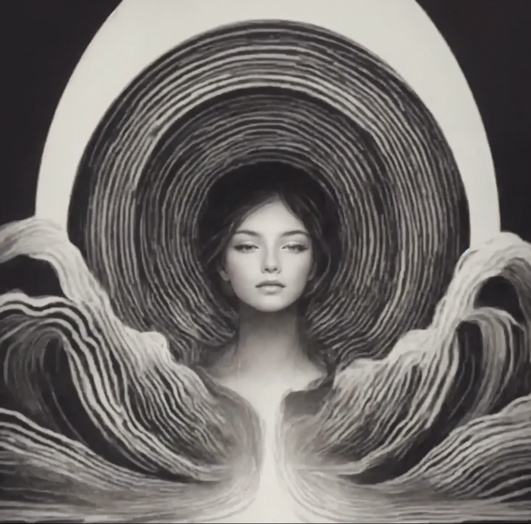 black and white illustration, mirror imaged perfect fibonacci spiral, mysterious female in a dress standing in the middle of the spiral, surreal environment, highly detailed artwork