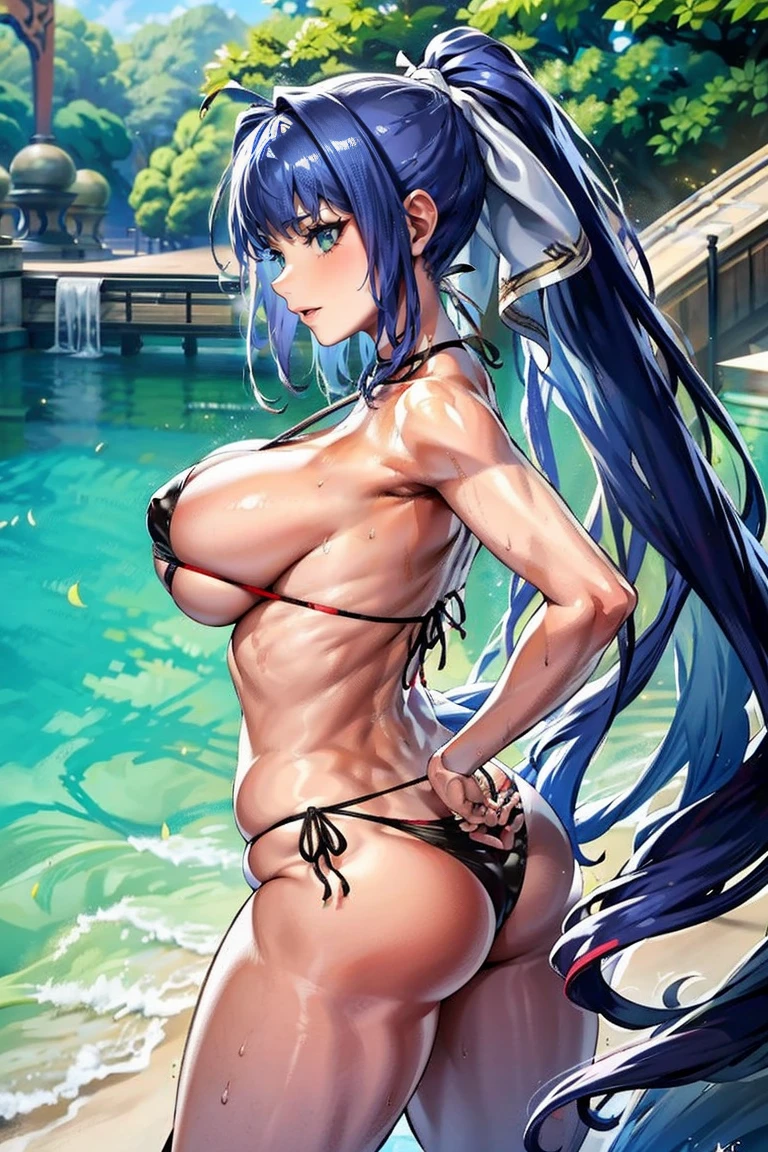 micro bikini, ribbon, ponytail, long hair, blue hair, green eyes, knight, beautiful, masterpiece, 1girl, solo, masterwork, super fine illustration, best quality, ultra high res, cg unity 8k wallpaper, large , ultra detailed, dare ass, askin, aming skin, shiny skin, oil skin, dare arms, perfect proportion, perfect body, perfect anatomy, cleavage,