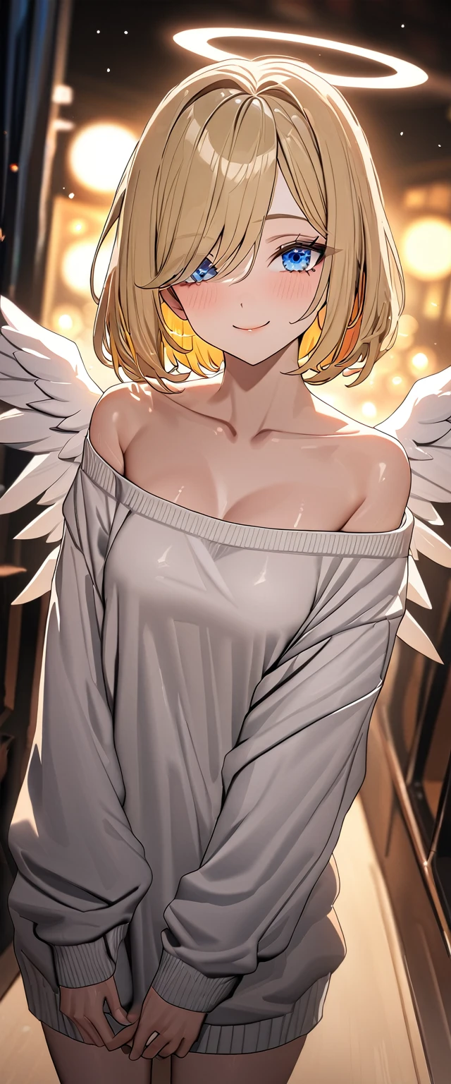 ((angel, big big white wings:1.3, halo:1.3)), (((cowboy shot))), ((flying)), Uriel, ((wavy hair, outward curled hair)), evening, Sunset, ((blond hair, bob cut:1.3)), breasts, teenager, (looking at viewer), oversized clothes, puffy long sleeves, collarbone, ((off-shoulder sweater dress:1.3, Quite thick shoulder straps)), (((sleeves past wrists:1.3))), ((white sweater)), collarbone, head tilt:1.3, (((blue eyes))), ((happy smile)), (((anime style))), (best quality, 4K, 8K, highres, masterpiece:1.2, ultra-detailed, ultra-detailed eyes, HDR, uhd, studio lighting, ultra-fine painting, sharp focus, physically-based rendering, extreme detail description, professional, vivid colors, bokeh), ((Highest quality, Best image quality, Ultra-high resolution, Ultra-high resolution, solo, Strong eye highlights)), Depth of written boundary, Natural soft light, attractive, Beautiful Face, Cleanliness, Pure Face, medium chest, Beautiful Face, Perfect Fingers, Perfect hands, Perfect body, Perfect Face, Shine a light into your eyes, Perfect Anatomy