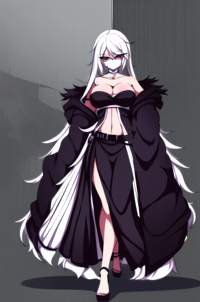 anime girl, bleach anime, soul reaper, sword, zanpakuto, vastolorde mask, fractured mask, hot, sexy, cute, black eyes, tall, full body, masterpiece, looking at the viewer, black fur on shoulders, coat, hollow shinigami,