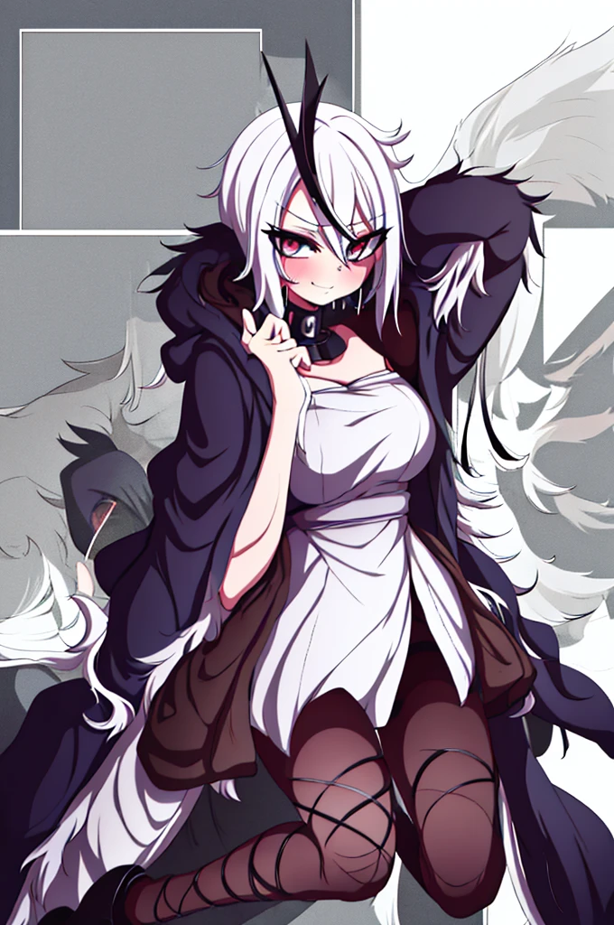 anime girl, bleach anime, soul reaper, sword, zanpakuto, vastolorde mask, fractured mask, hot, sexy, cute, black eyes, tall, full body, masterpiece, looking at the viewer, black fur on shoulders, coat, hollow shinigami,