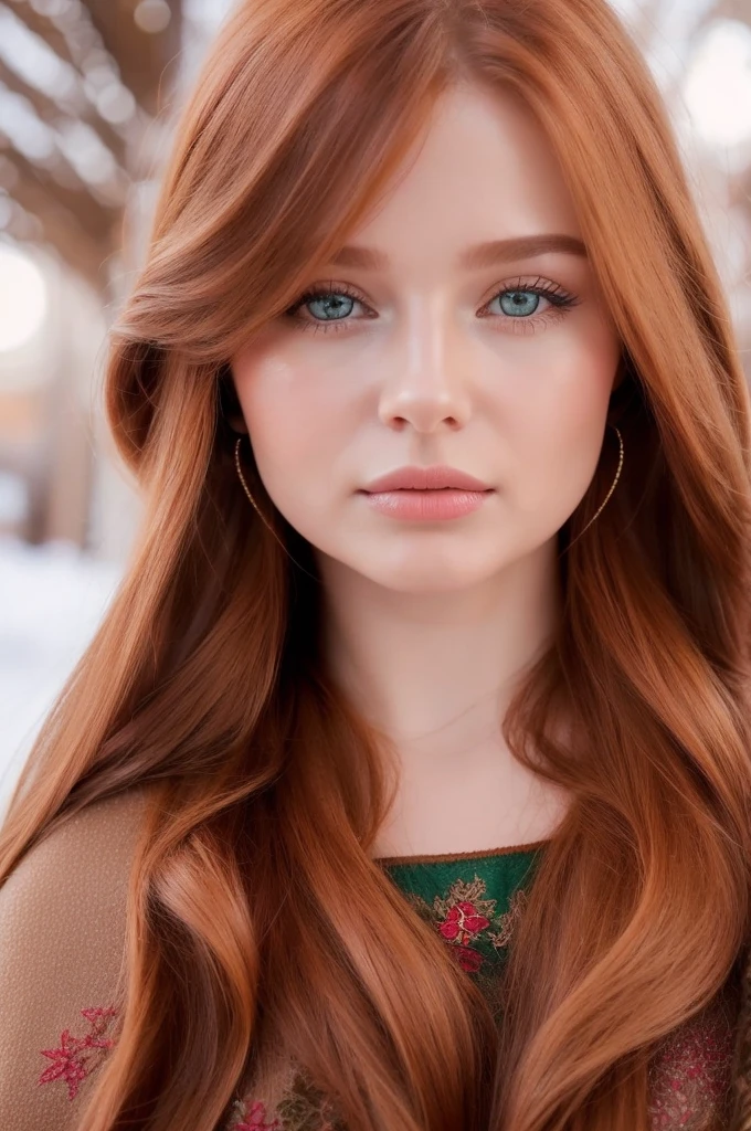 A gorgeous, pretty, shiny, kind-hearted, warm-hearted, sweet, polite, sensitive, friendly, charming, graceful, stylish, classy, alluring, majestic, ethereal, angelical ginger long haired russian woman dressed in traditional winter costumes.