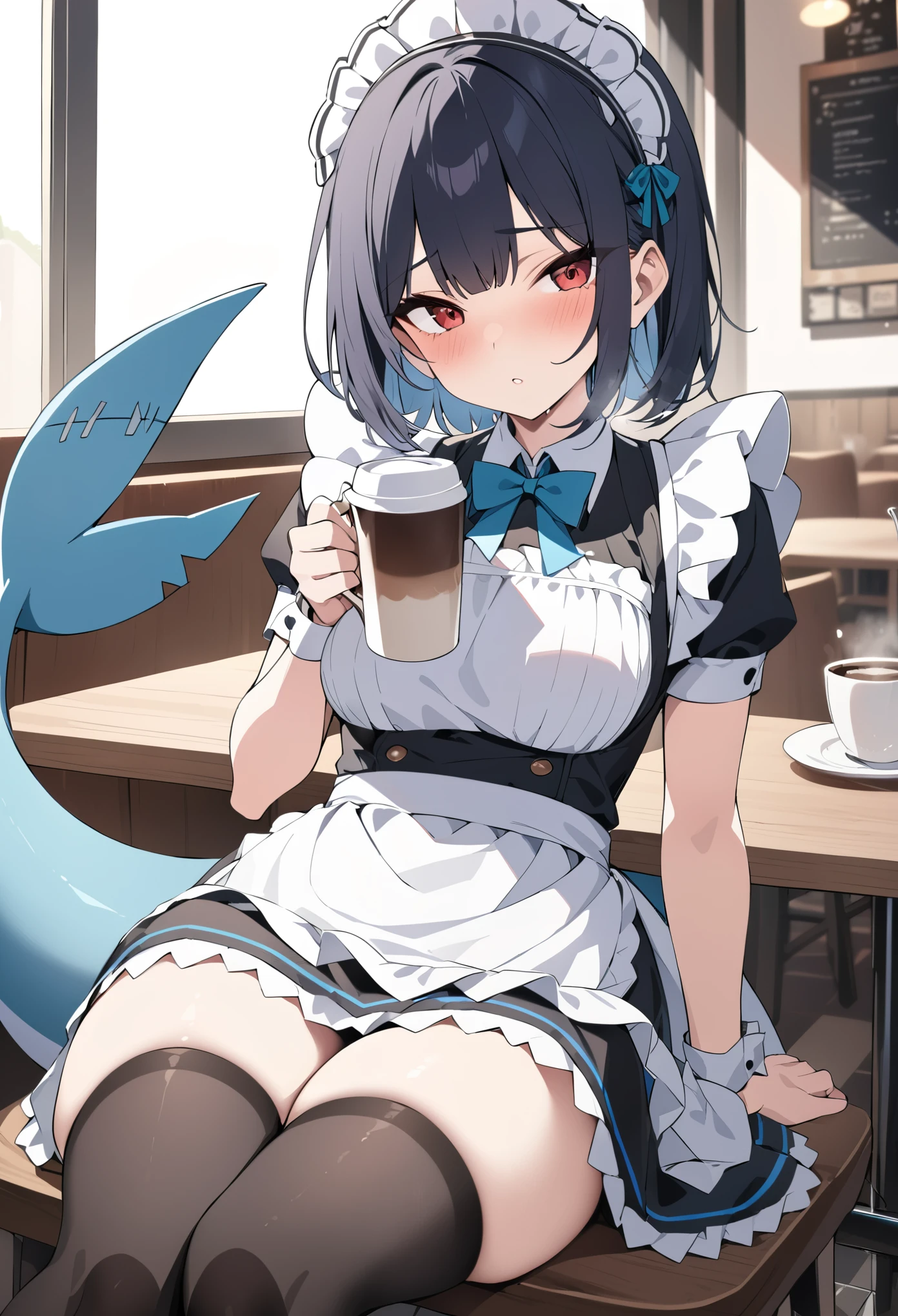 （masterpiece：1.2），Best quality，Very detailed, high resolution，Red eyes，Black short hair，Maid，sitting in café，Holding a cup of coffee，Cold，Black stockings，Shark Tail