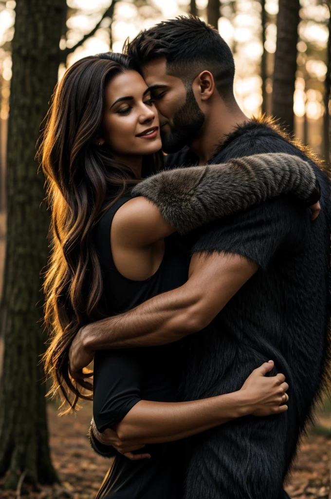 A werewolf hugging a woman