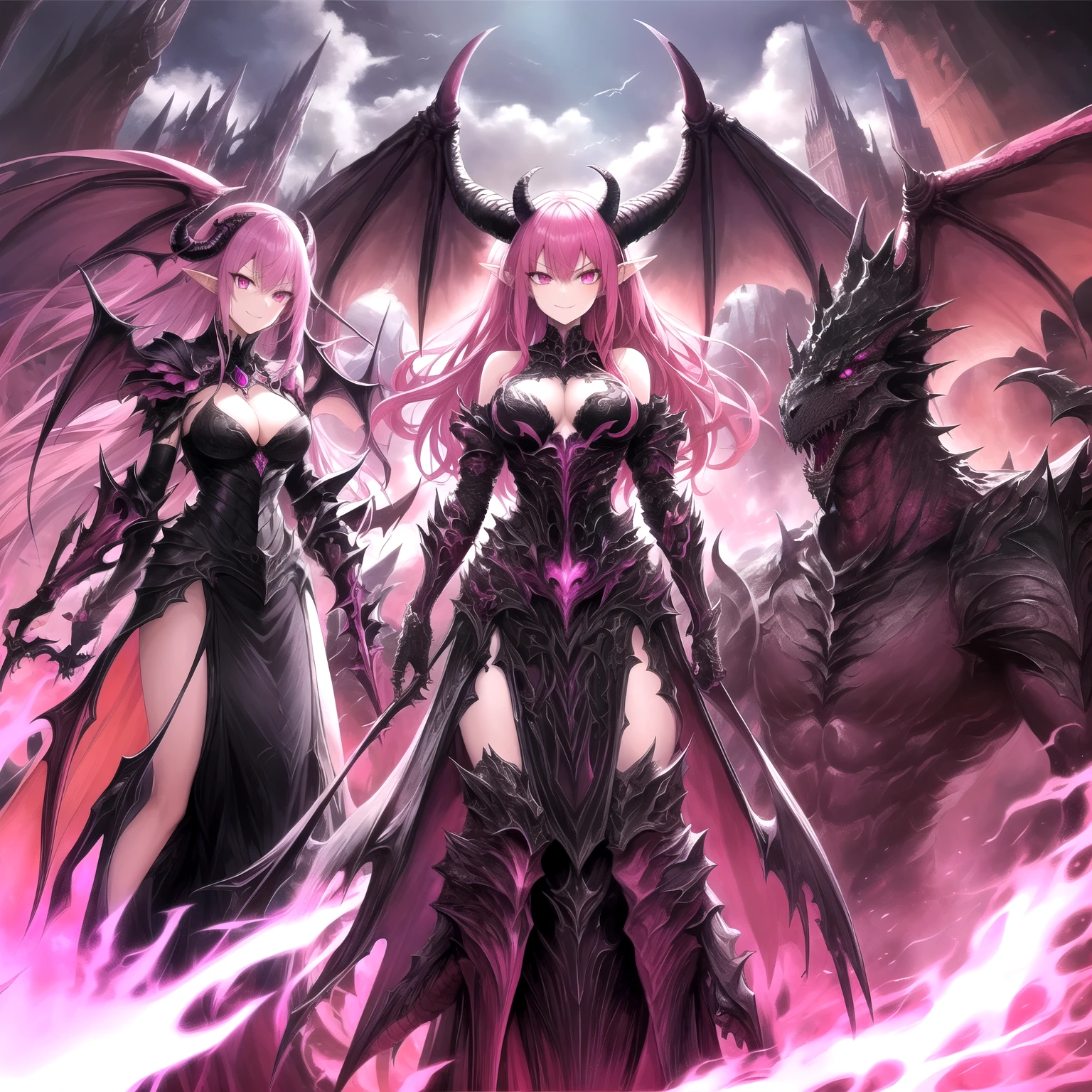 ((Best Quality)), ((Masterpiece)), (detailed), 1 girl, demonic armor,fuchsia hair , pink eyes ,demonic horns, dragon , high , elegant , pointed ears , whole body , standing , SMILE , evil expression , strong , bomb hair ,