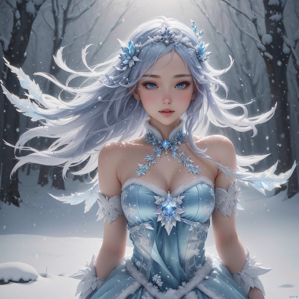 Anime girl in a blue dress in the snowy forest, Fantasy art style, Beautiful fantasy art, 8k high quality detailed art, goddess of winter, digital fantasy art ), Beautiful digital artwork, 4k fantasy art, Detailed fantasy art, 2. 5D CGI anime fantasy artwork, Detailed fantasy digital art, Winter Princess, highly Detailed fantasy art, 4k highly detailed digital art，whole body，Video，Frost，Snow