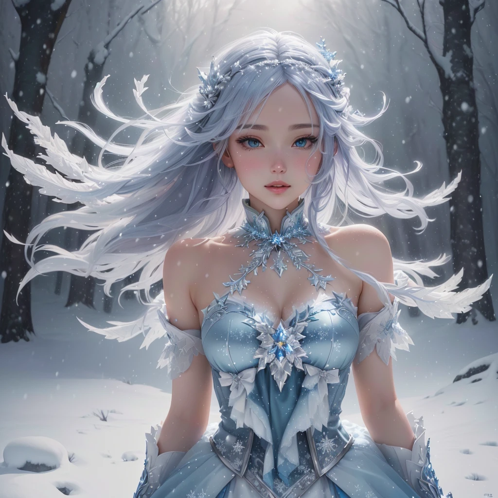 Anime girl in a blue dress in the snowy forest, Fantasy art style, Beautiful fantasy art, 8k high quality detailed art, goddess of winter, digital fantasy art ), Beautiful digital artwork, 4k fantasy art, Detailed fantasy art, 2. 5D CGI anime fantasy artwork, Detailed fantasy digital art, Winter Princess, highly Detailed fantasy art, 4k highly detailed digital art，whole body，Video，Frost，Snow