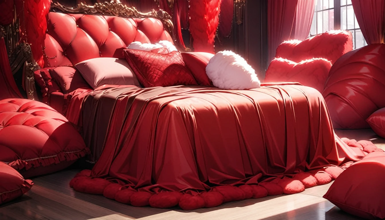 Fluffy red silk duvet、Lots of giant silk pillows、Luxurious fluffy red silk bed